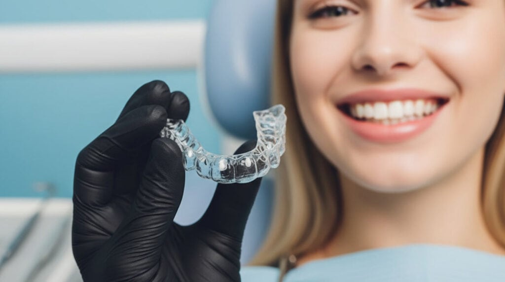Clear aligner tray held in front of a smile, metro Denver Invisalign consult