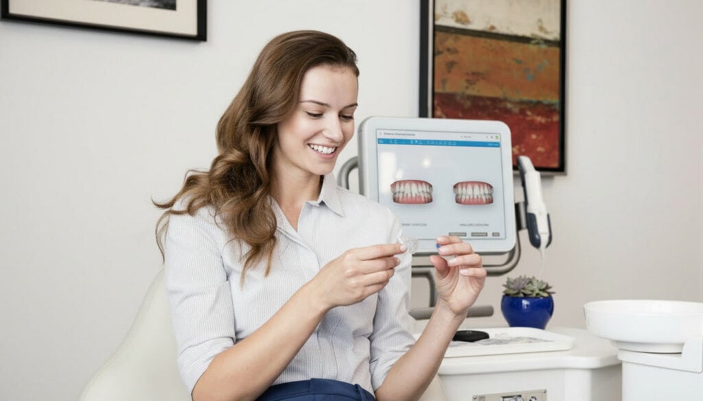 Adult patient reviewing an iTero scan during an Invisalign visit with My Virtual Smile in metro Denver